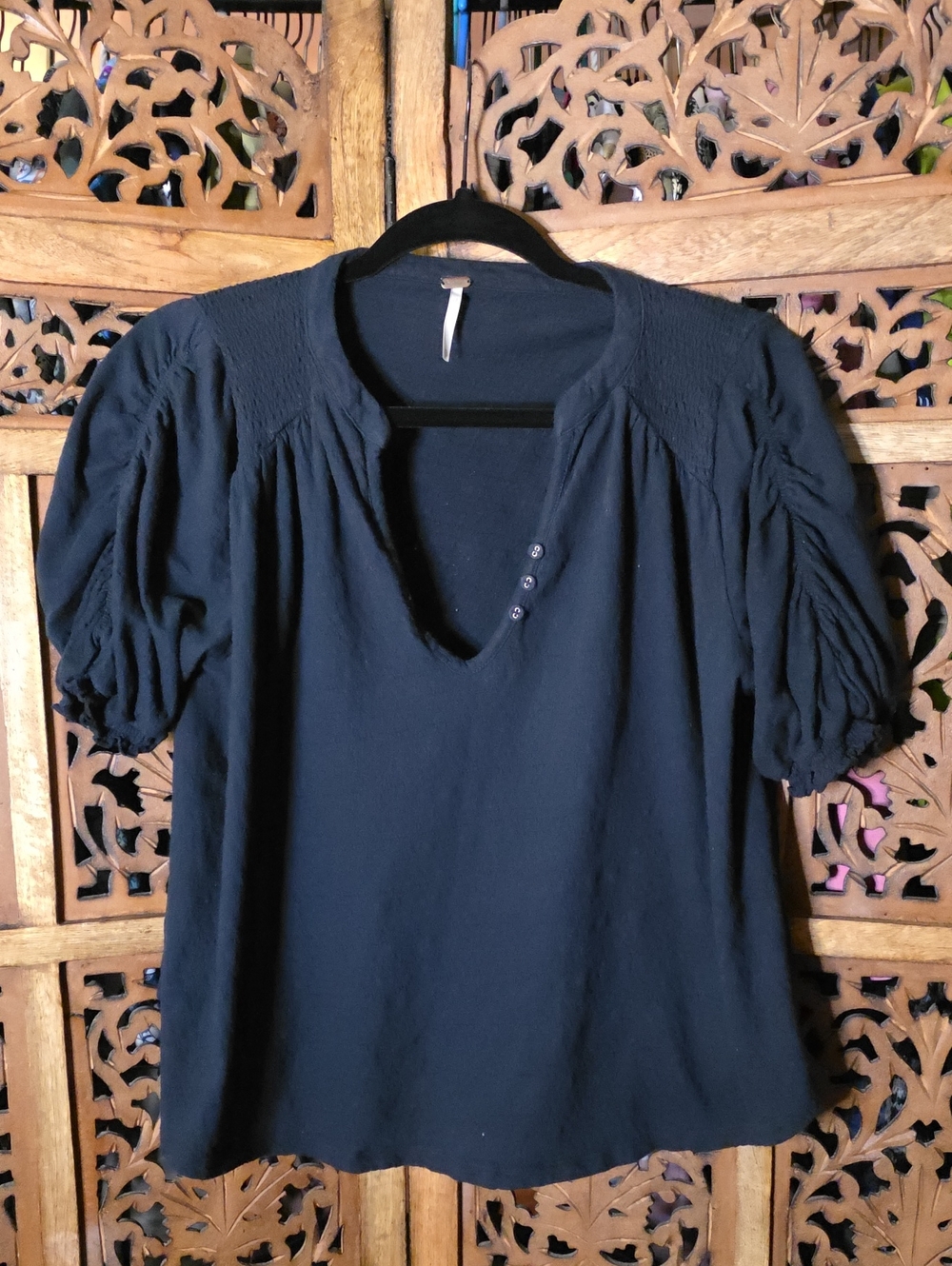 Free People Black Puff-Sleeve Short Sleeve Top